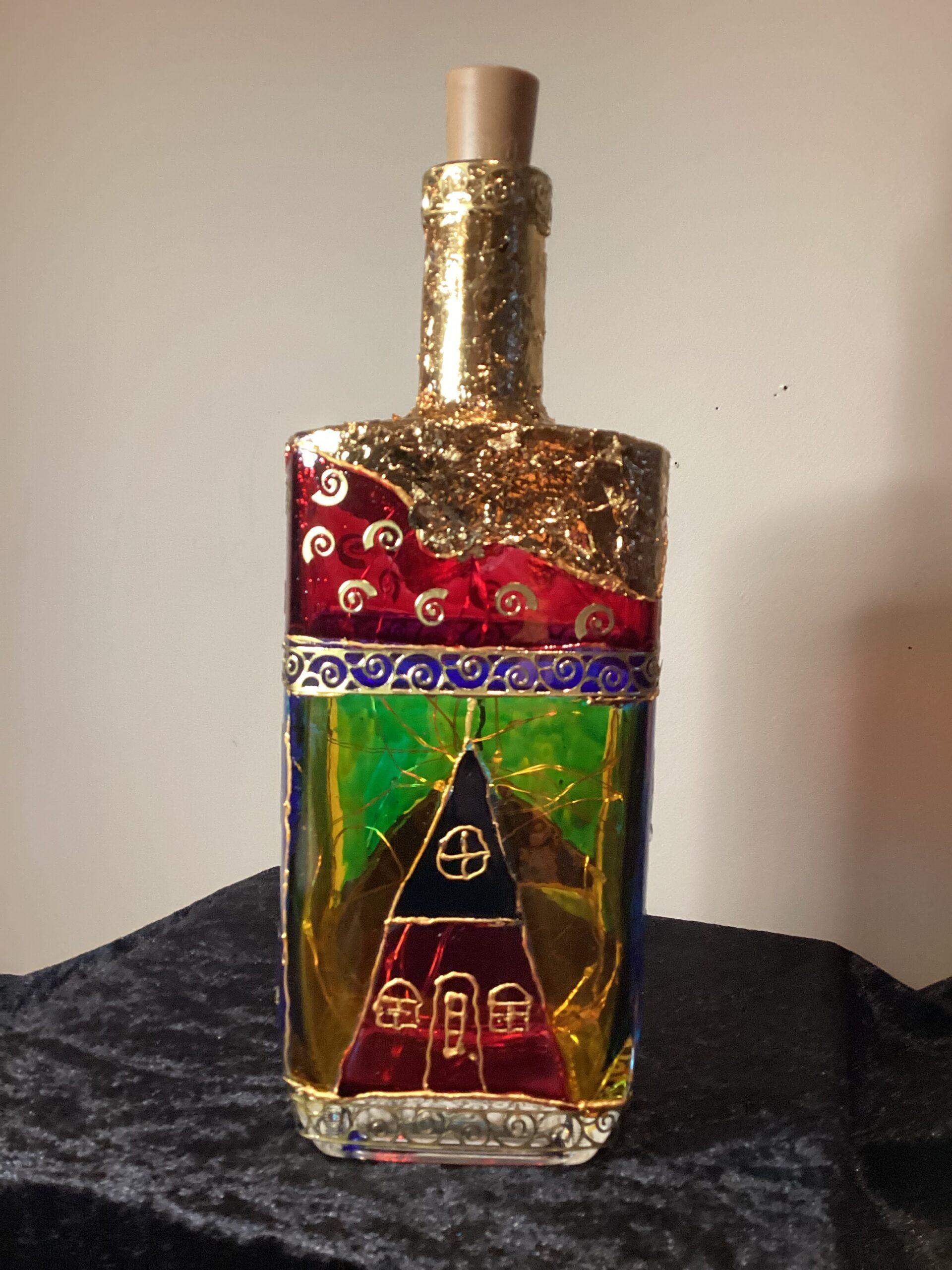 Hand painted 11” glass bottle